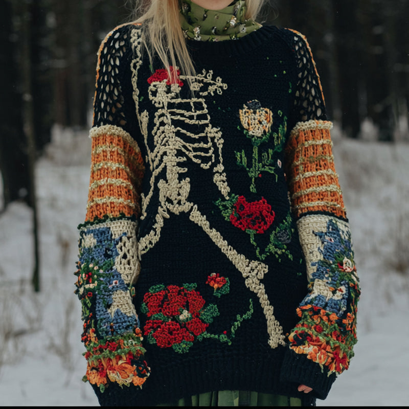 Comstylish Women's Halloween Skull Floral Pattern Knitted Turtleneck Sweater