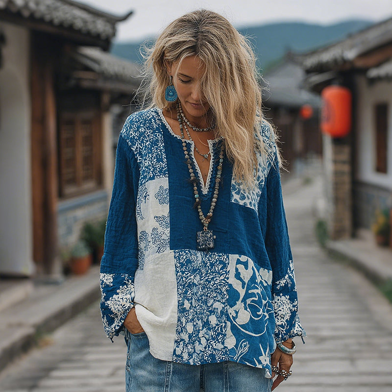 Women's Japanese Style Floral Patchwork Pattern Cozy Top elevenforest
