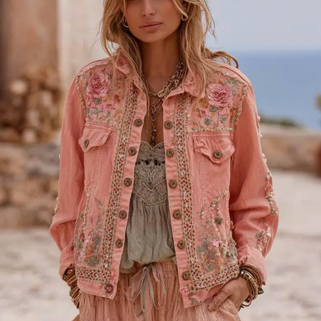 Women's Pink Rose Embroidered Denim Jacket elevenforest