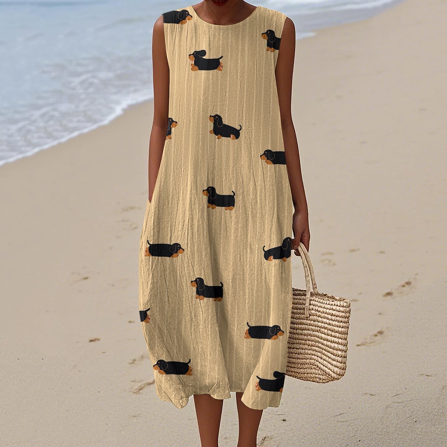 Retro Dachshund Dog Stripe Art Linen Tank Midi Dress elevenforest