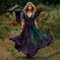 Women's Boho Purple Rose Embroidered Short Sleeve Maxi Dress elevenforest