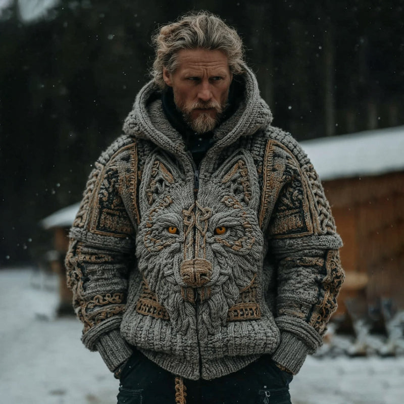 Men's Vintage Viking Wolf Pattern Cozy Zip Up Knit Hooded Sweater artswardrobe