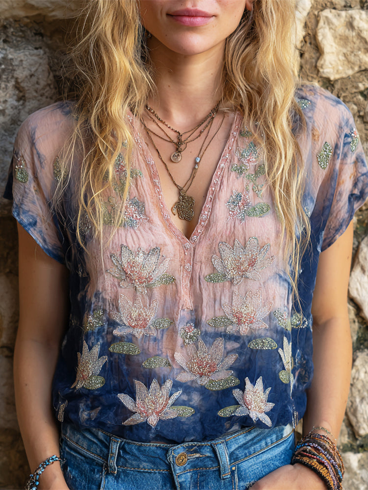 Boho Lotus Embroidery Women's Linen Short Sleeve Shirt elevenforest