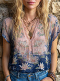 Boho Lotus Embroidery Women's Linen Short Sleeve Shirt elevenforest