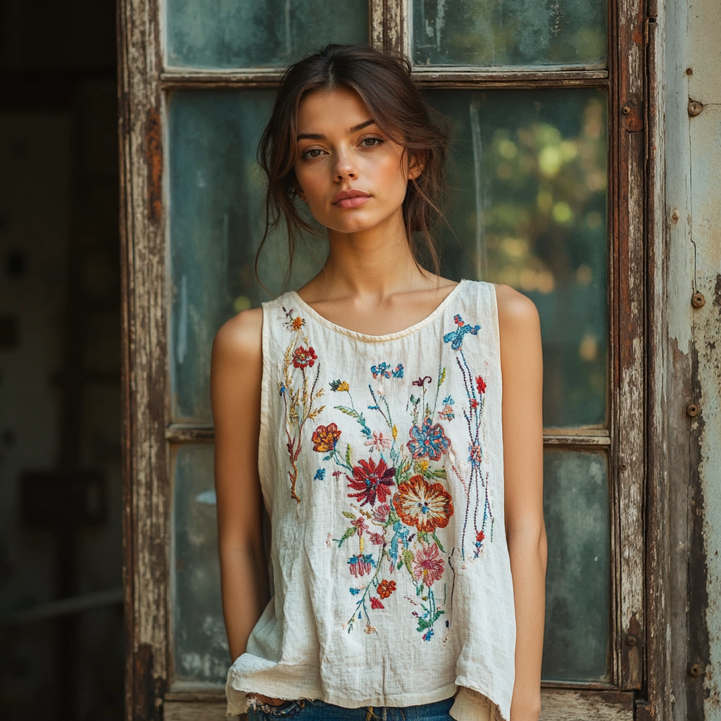 Vintage Flowers Embroidery Art Linen Sleeveless Top elevenforest