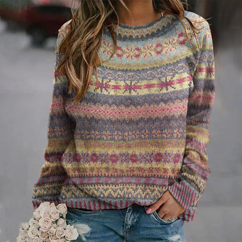 Ethnic Style Jacquard Vintage Crew Neck Sweater elevenforest