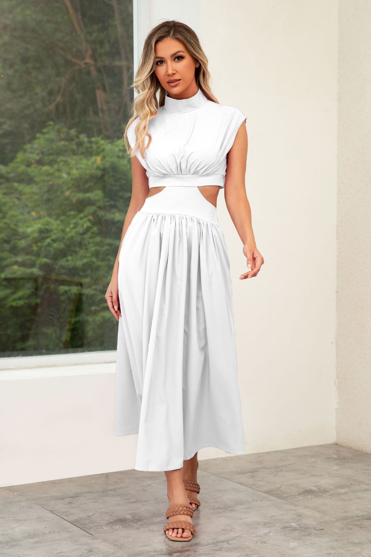Self Made Real Shot Summer Sweet Stand Collar Macaron Color Cropped Outfit Maxi Dress