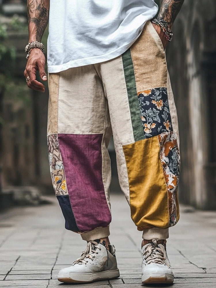 Vintage Boho Floral Patchwork Printed Men's Linen Casual Pant elevenforest