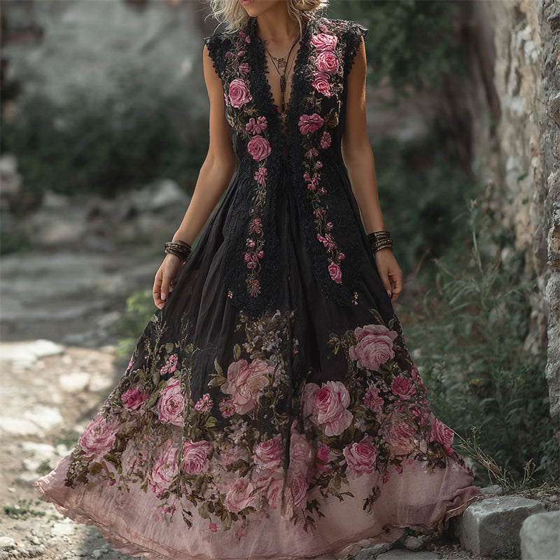 Boho Pink Floral Embroidered Black Lace Contrast Bottom Linen Maxi Dress elevenforest