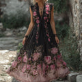 Boho Pink Floral Embroidered Black Lace Contrast Bottom Linen Maxi Dress elevenforest
