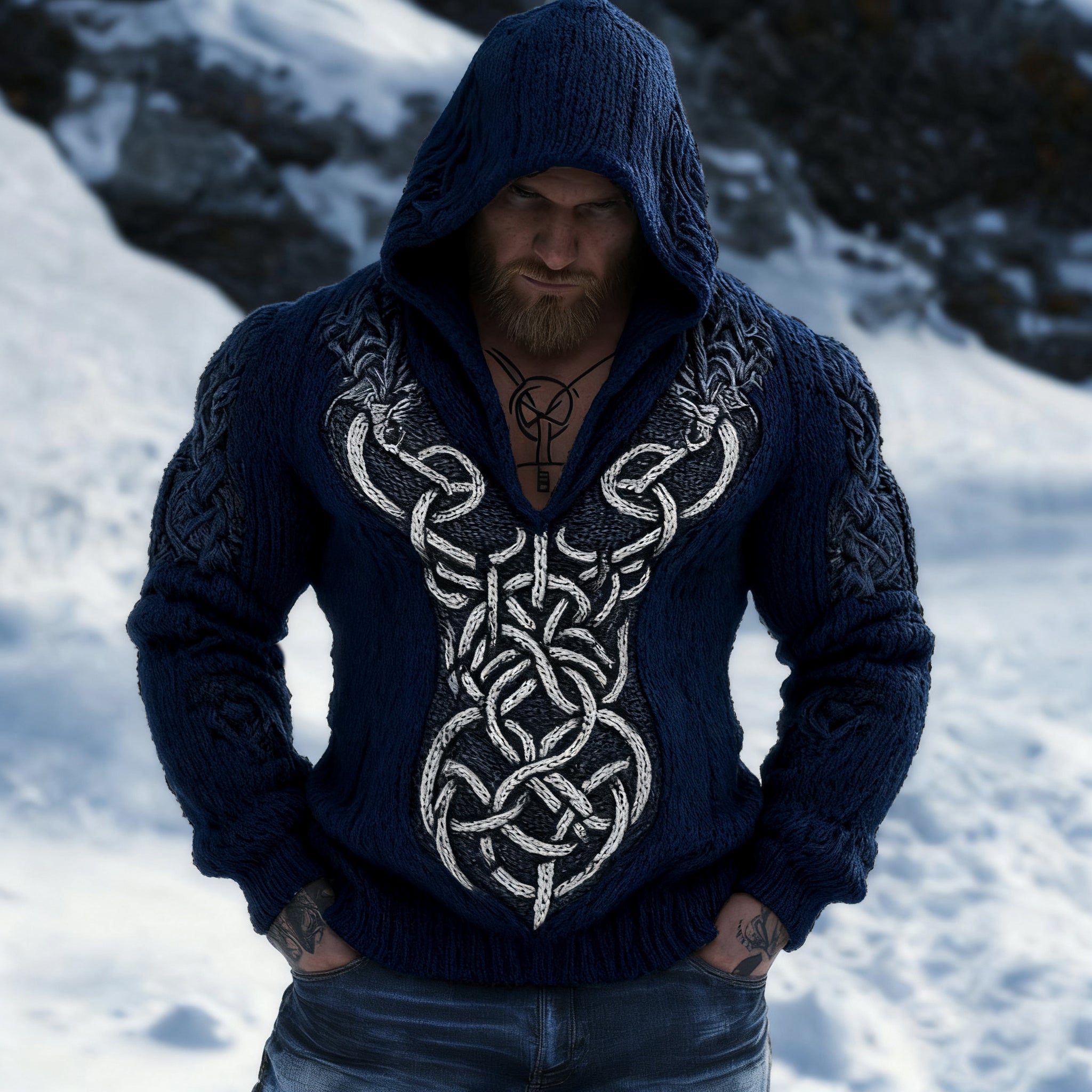 Retro Viking Celtic Jacquard Chunky Hooded Sweater elevenforest