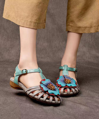 Comfy Splicing Wedge Sandals Grey Cowhide Leather Hollow Out Oi024