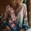 Classy Gradient Japanese Sakura Embroidered Gradient Pattern Linen Long Sleeve Shirt elevenforest