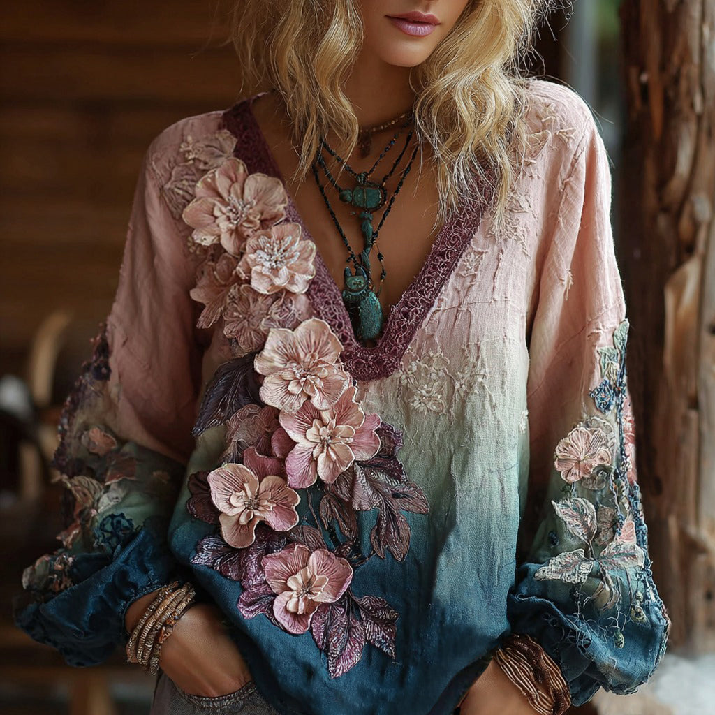 Classy Gradient Japanese Sakura Embroidered Gradient Pattern Linen Long Sleeve Shirt elevenforest