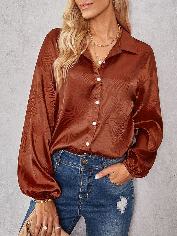 Loose Puff Sleeves Jacquard Split-joint Lapel Blouses