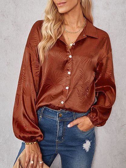 Loose Puff Sleeves Jacquard Split-joint Lapel Blouses