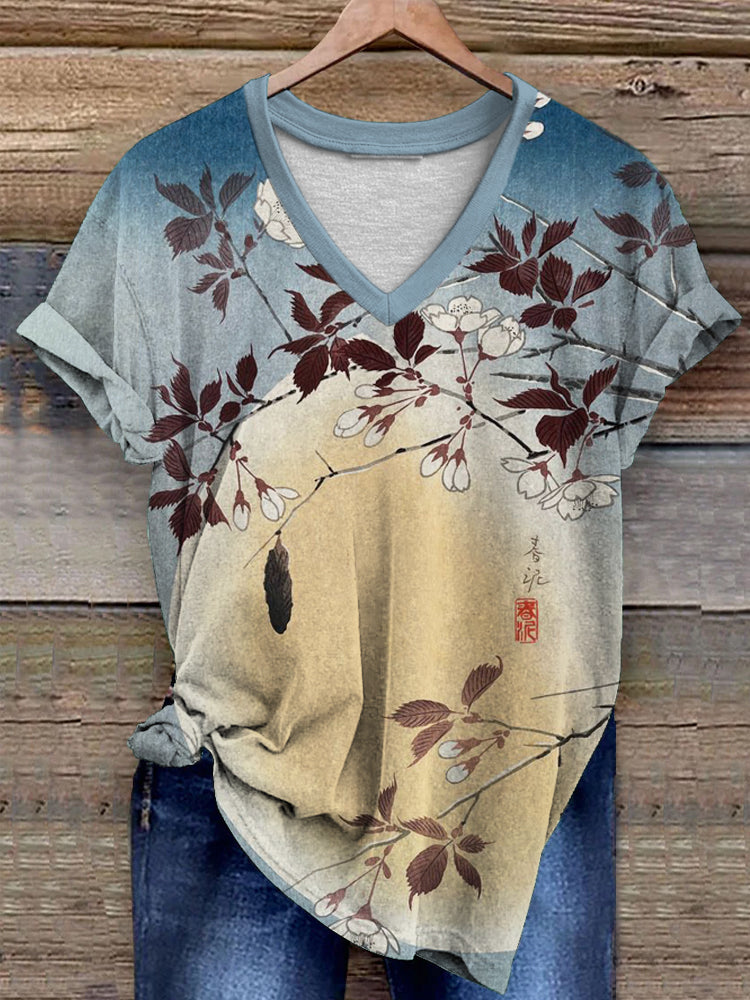 Spring Cherry Blossom Vintage Print Women's V-neck T-shirt elevenforest