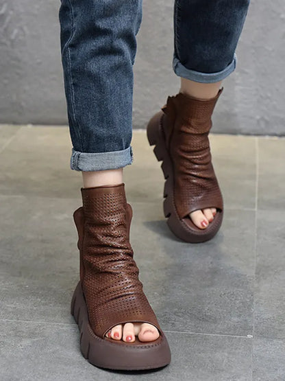 Urban Black Brown Zipper Hollow Platform Shoes