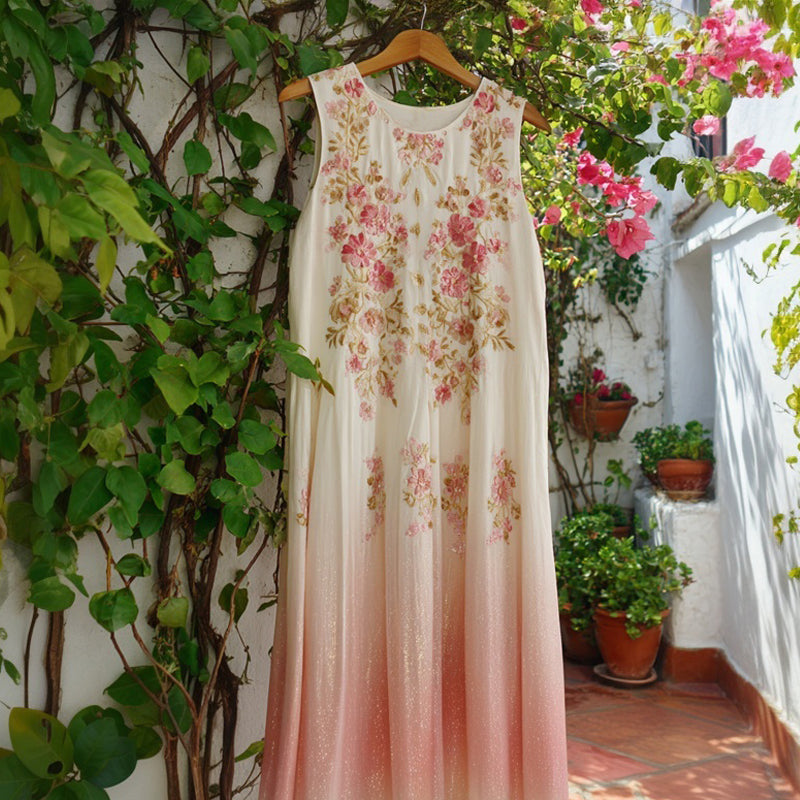 Elegant Flowers Embroidered Pink Gradient Linen Midi Dress elevenforest