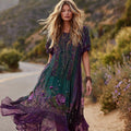 Women's Retro Purple Rose Pattern Patchwork Dress elevenforest
