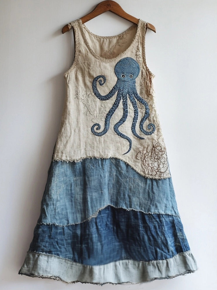 Octopus Pattern Patchwork Art Linen Blend Dress elevenforest