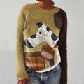 Vintage Puppy And Cat Print Casual Women's Sweater elevenforest
