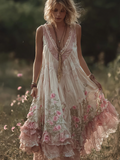 Bohemian Retro Pink Rose Lace Flowing Linen Maxi Dress elevenforest