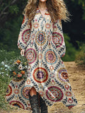 Women's Geometric Vintage Art Floral Pattern Cotton And Linen Dress