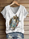 Women's Owl Art Print V-Neck Casual T-Shirt