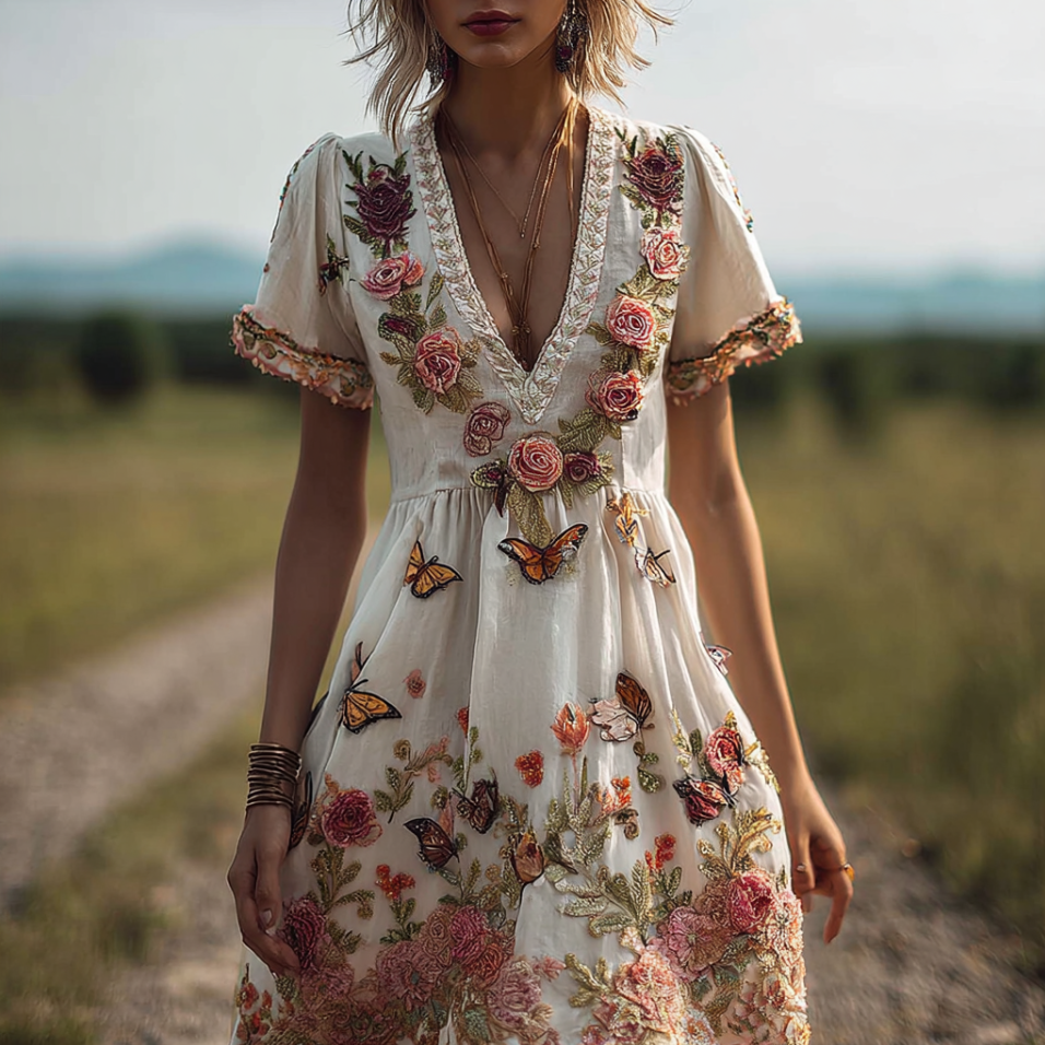 Bohemian Style Plant Flower And Butterfly Pattern Embroidery Women's Cotton And Linen Dress elevenforest