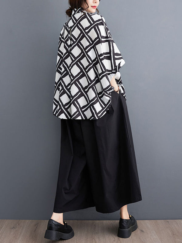 Batwing Sleeves High-low Buttoned Plaid Printed Lapel Blouses&shirts Tops