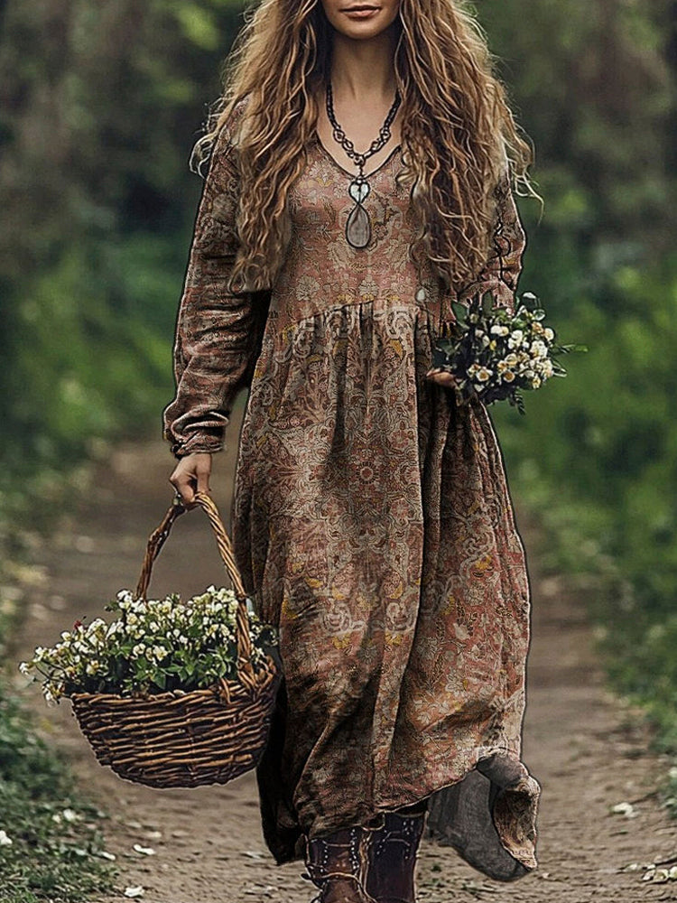 Vintage Floral Pattern Women's Flowy Maxi Dress elevenforest