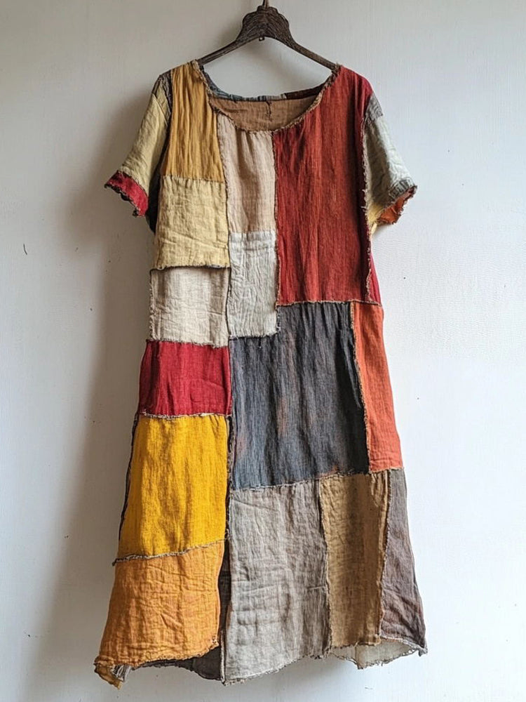 Vintage Patchwork Art Linen Blend Midi Dress elevenforest