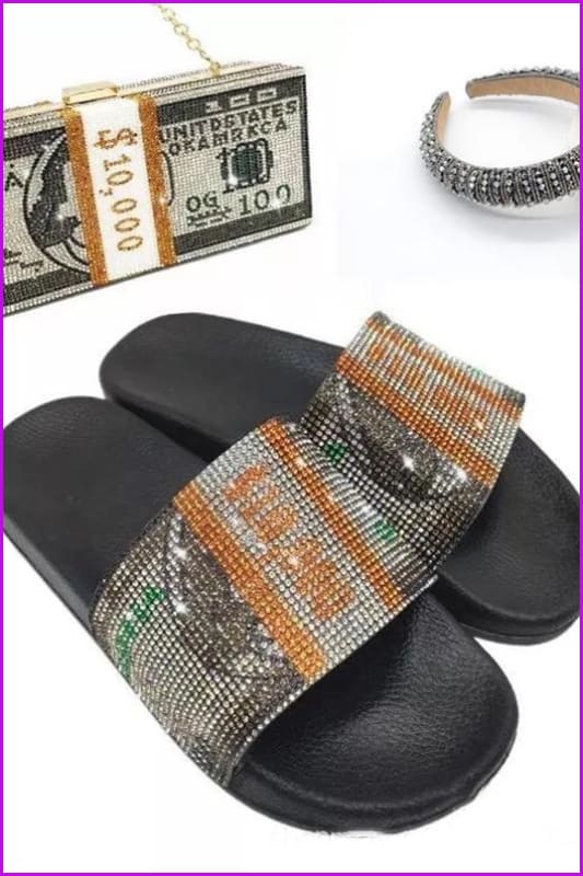 Rhinestone Dollars Slippers and Handbag/head Hoop F1709