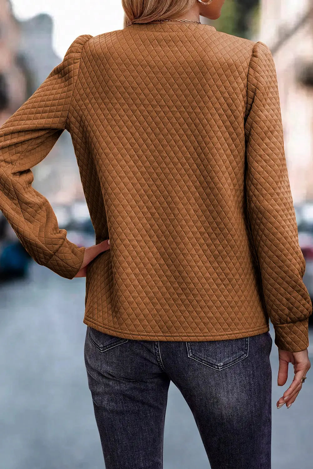 Brown Quilted Puff Sleeve Sweatshirt