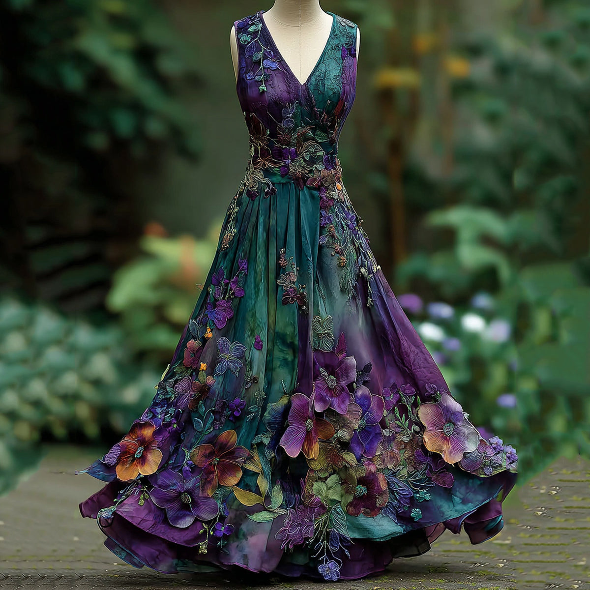 Women's Vintage Embroidered Pansy Floral Gradient Color Belt Maxi Dress elevenforest
