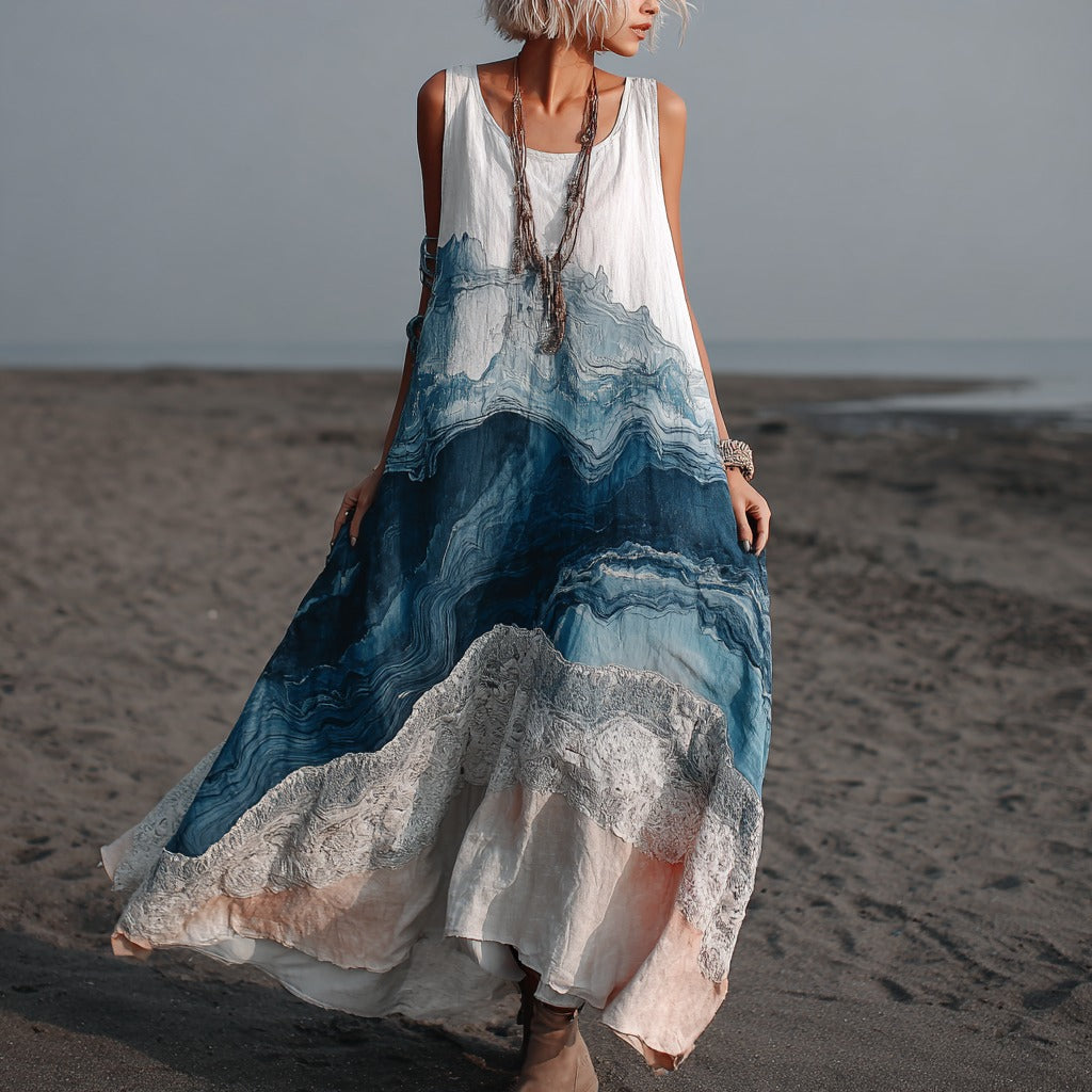 Vintage Marble Texture Collection Retro Bohemia Gradient Gilded Pattern Linen Maxi Dress elevenforest