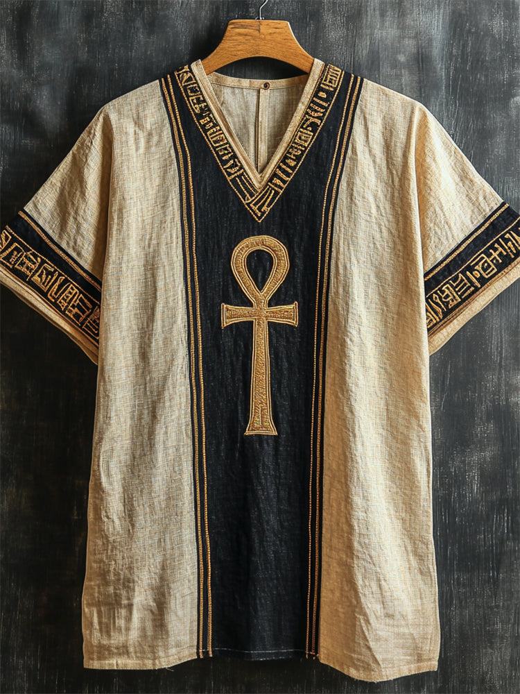 Ankh Ancient Egyptian Embroidered Contrast Linen Shirt elevenforest