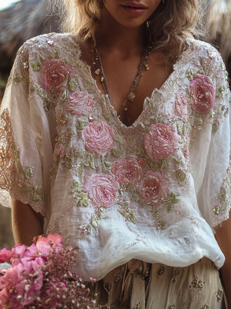 Bohemian Embroidered Pink Flower V-neck Short-sleeved Shirt elevenforest