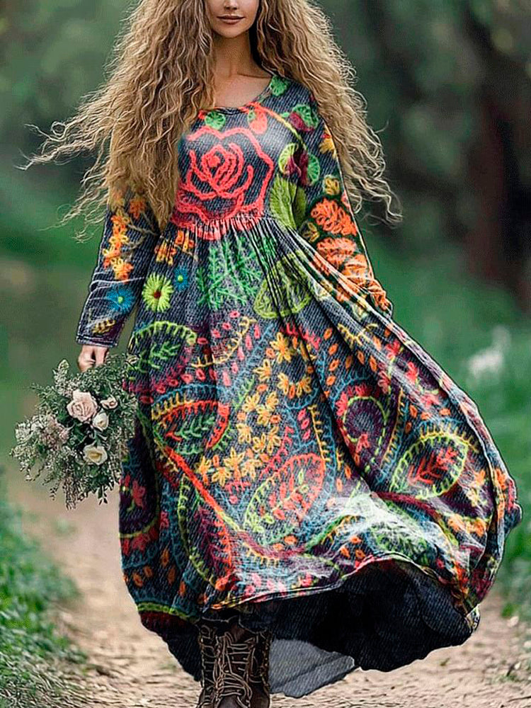 Stitching Floral Embroidery Pattern Women's Flowy Maxi Dress elevenforest