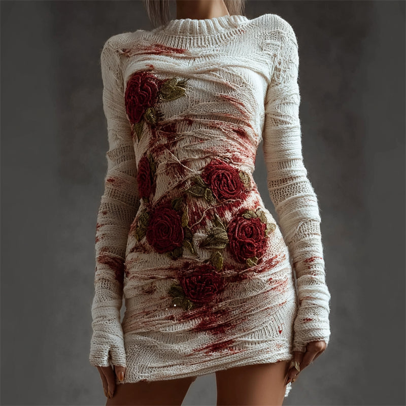 Comstylish Halloween Bloody Roses & Bandages Slim Fit Sweater Dress