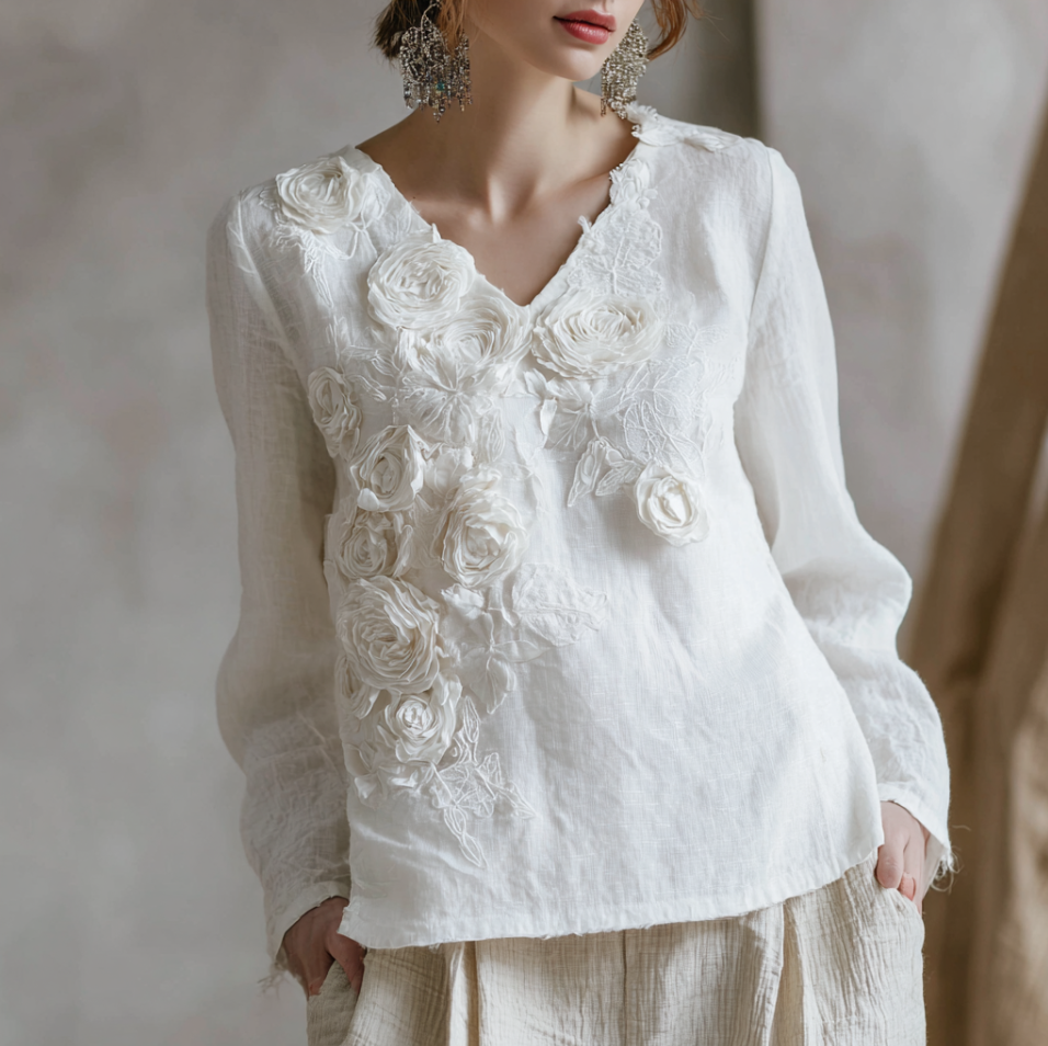 Bohemian Style Woman's V-neck White Rose Top elevenforest