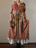 Women's Floral Art Print V-Neck Pocket Cotton Dress