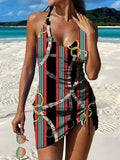 Stripes and Belts Pattern Print Pleated Drawstring V-neck Tankini Pantskirt Set Swimsuit