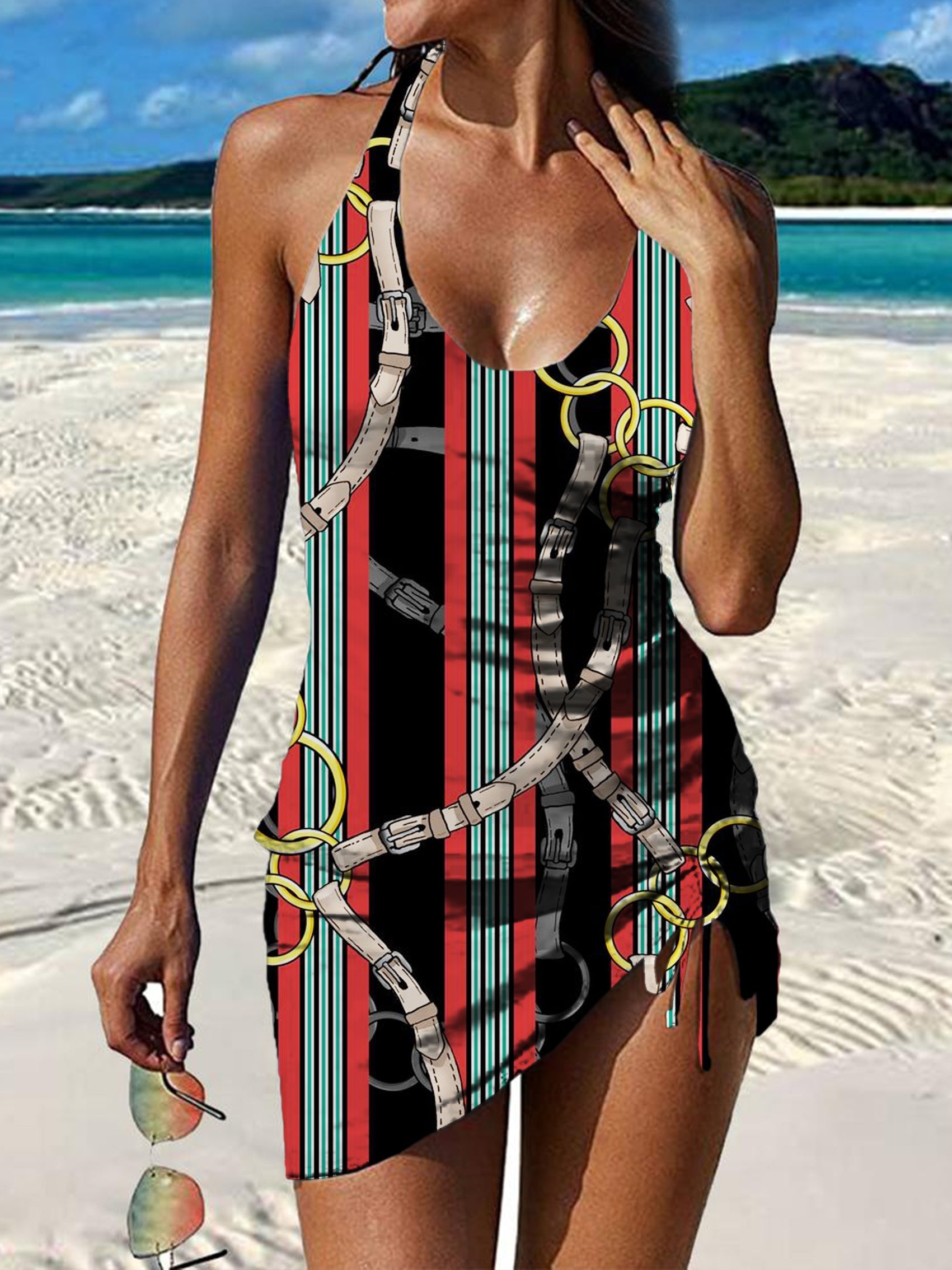 Stripes and Belts Pattern Print Pleated Drawstring V-neck Tankini Pantskirt Set Swimsuit