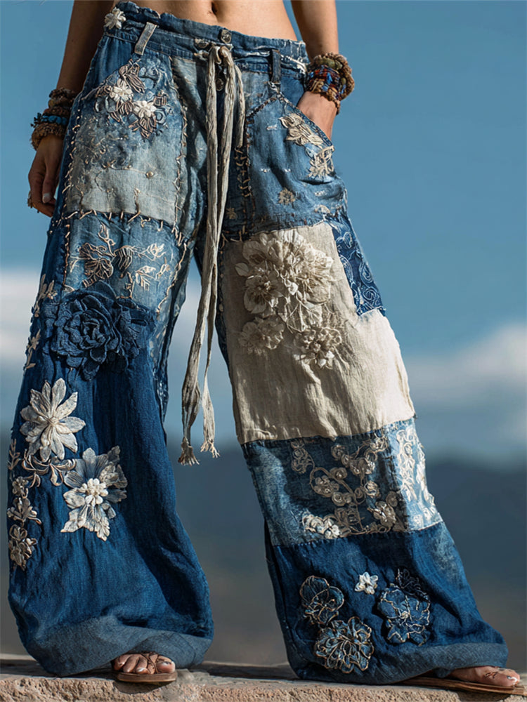 Boho Floral Lace Fiber Art Patchwork Flowy Casual Pants elevenforest
