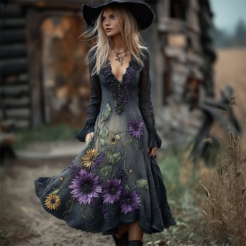 Vintage Sunflowers Lace V Neck Dyed Flowy Linen Dress elevenforest