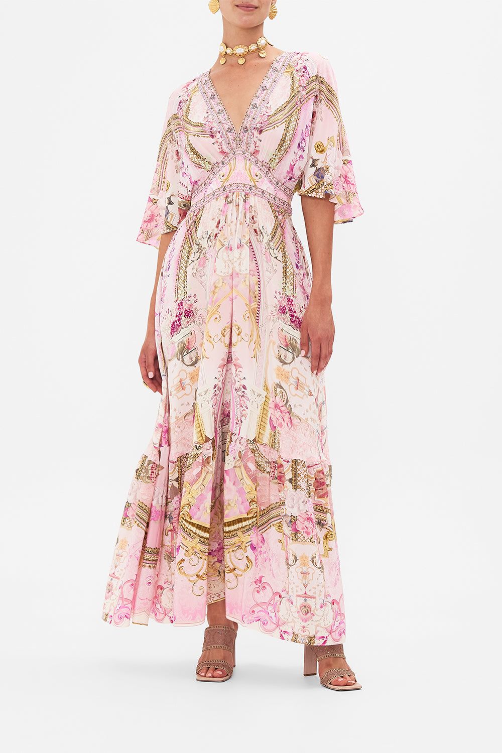 Palace Print Rhinestone V-neck Midi Dress