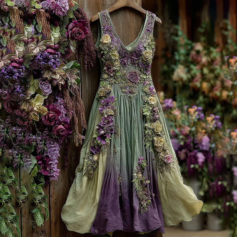 Classy Gradient Purple Lavender And Floral Embroidered Linen Tank Short Dress elevenforest