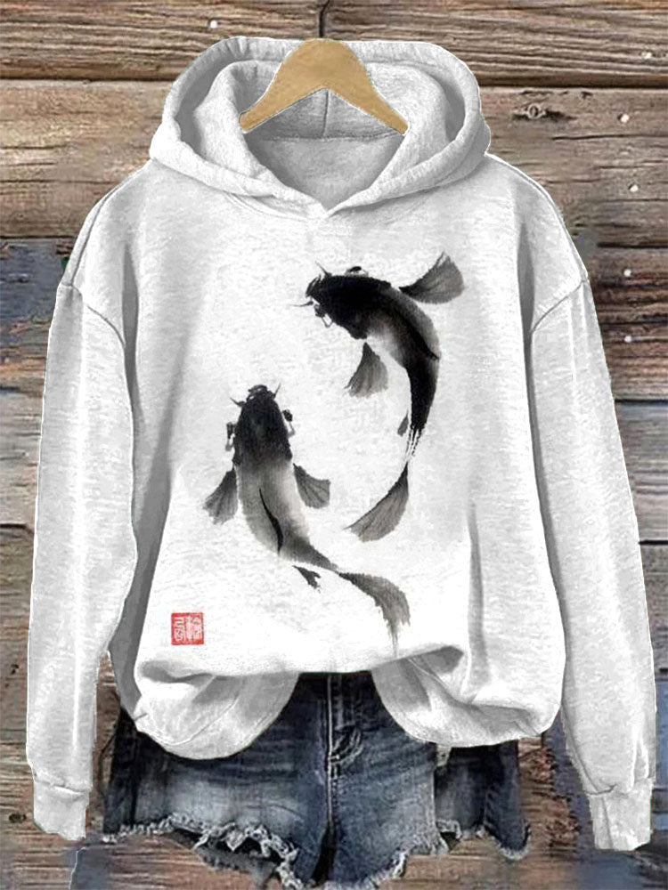 Japanese Art Ink Painting Koi Print Hoodie elevenforest